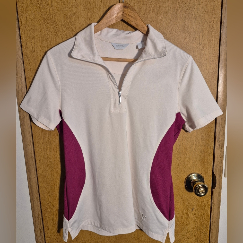 Callaway White and Pink Fitted Polo Jersey